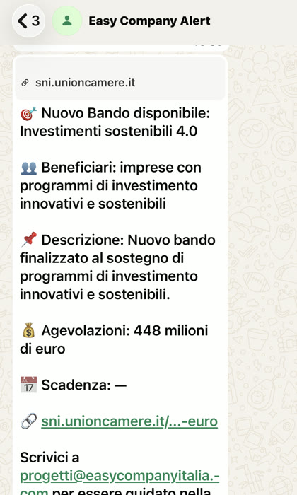 Avviso WhatsApp di Easy Bando: Investimenti sostenibili 4.0
