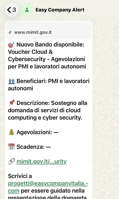 Avviso WhatsApp di Easy Bando: Voucher Cloud & Cybersecurity per PMI