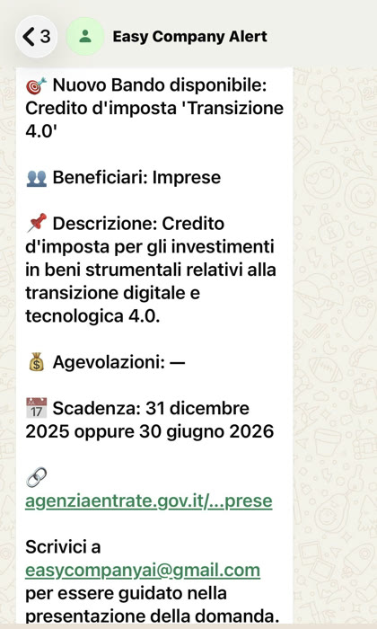 Avviso WhatsApp di Easy Bando: Credito d'imposta Transizione 4.0