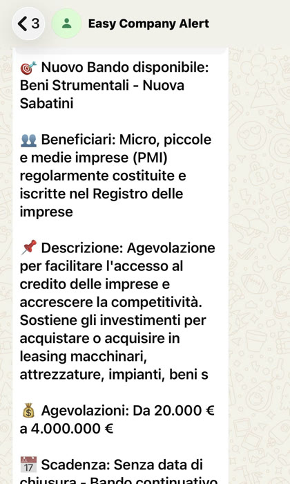 Avviso WhatsApp di Easy Bando: Beni Strumentali – Nuova Sabatini