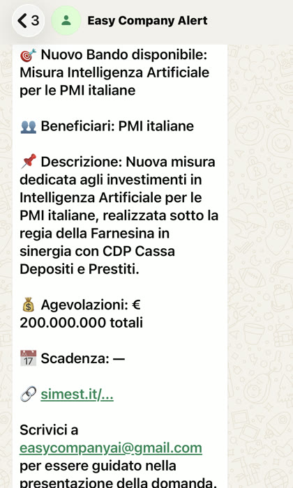Avviso WhatsApp di Easy Bando: Misura Intelligenza Artificiale per le PMI
