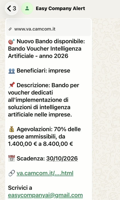 Avviso WhatsApp di Easy Bando: Bando Voucher Intelligenza Artificiale 2026