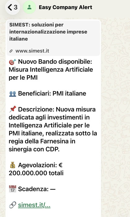 Avviso WhatsApp di Easy Bando: SIMEST – Intelligenza Artificiale per le PMI